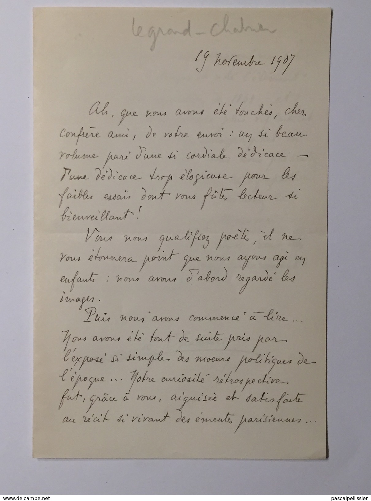 Lettre Signée De André Legrand-Chabrier (1876 - 1949) Datée Du 19 Novembre 1907 - Manoscritti