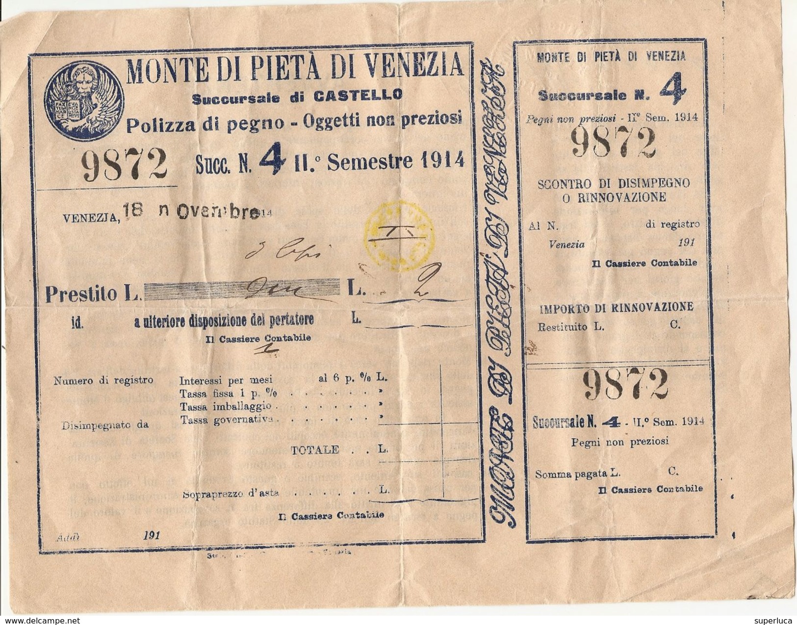 2-MONTE DI PIETA DI VENEZIA-SUCCURSALE CASTELLO-POLIZZA DI PEGNO 1914 - Altri & Non Classificati