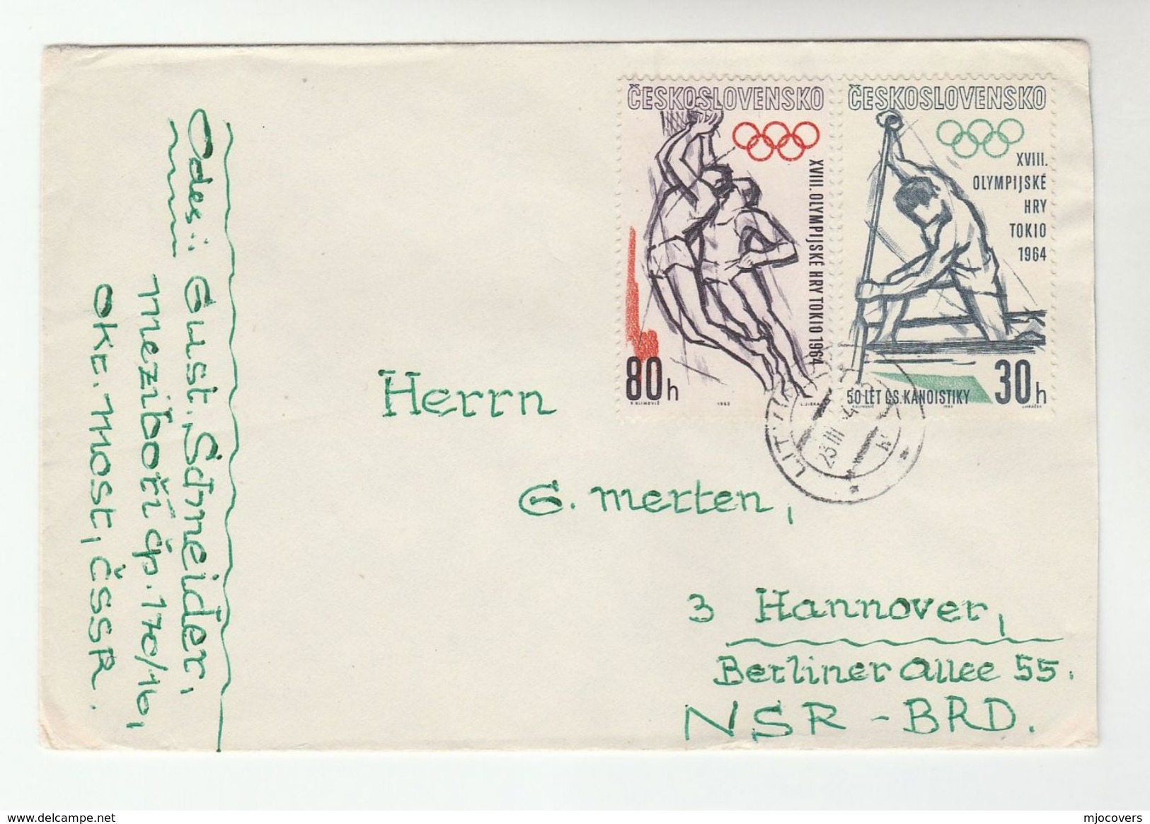 1964 CZECHOSLOVAKIA Litvinov COVER Stamps OLYMPICS BASKETBALL CANOEING  To Germany  Olympic Games Sport - Basketball