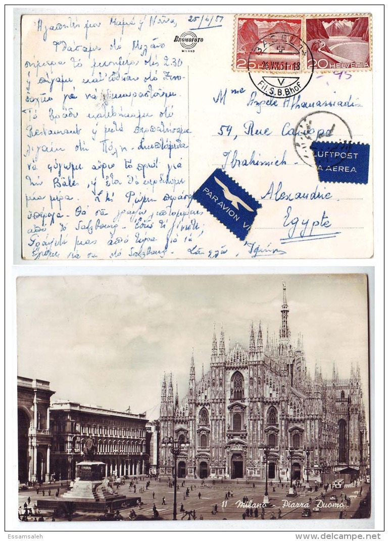 11726-EU-E Switzerland 1951 Milano Piarra Duomo  Airmail Censor Postcard Addressed Egypt - Covers & Documents