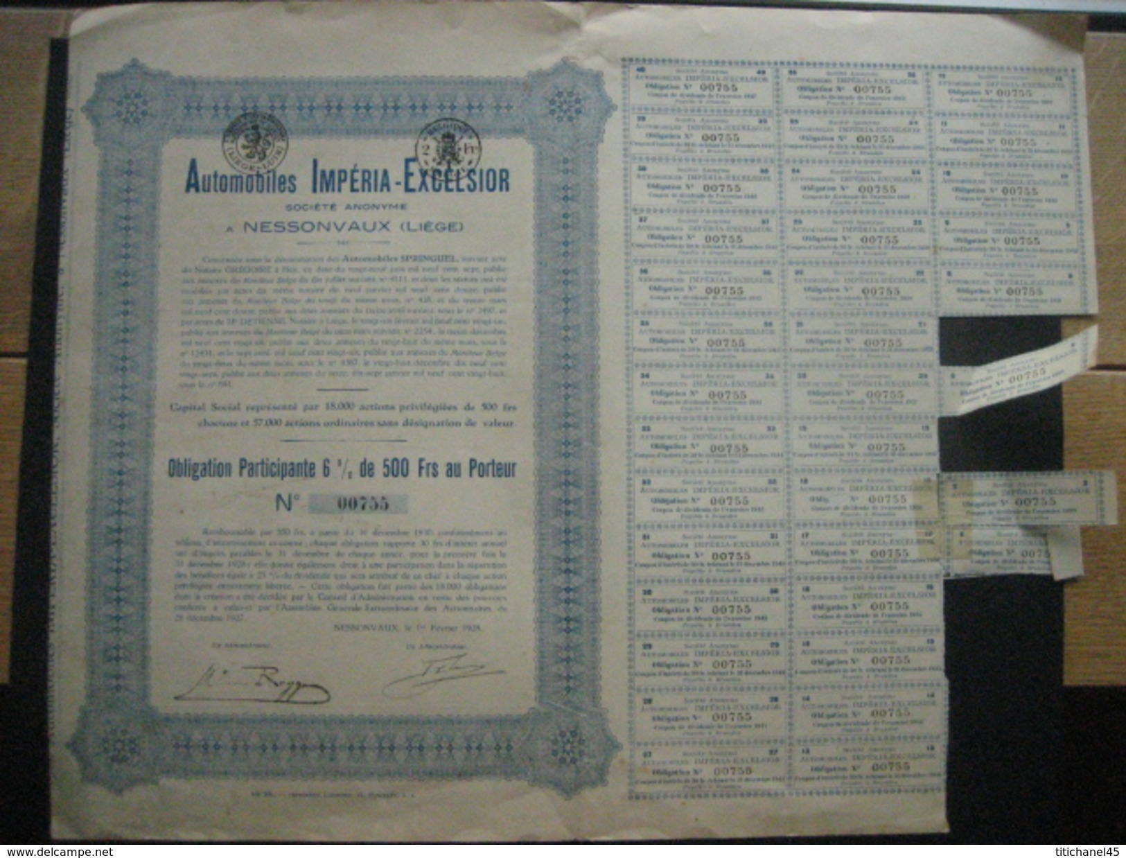 Action 1928 NESSONVAUX - AUTOMOBILES IMPERIA-EXCELSIOR - Obligation De 500 Frs Au Porteur - Automobile