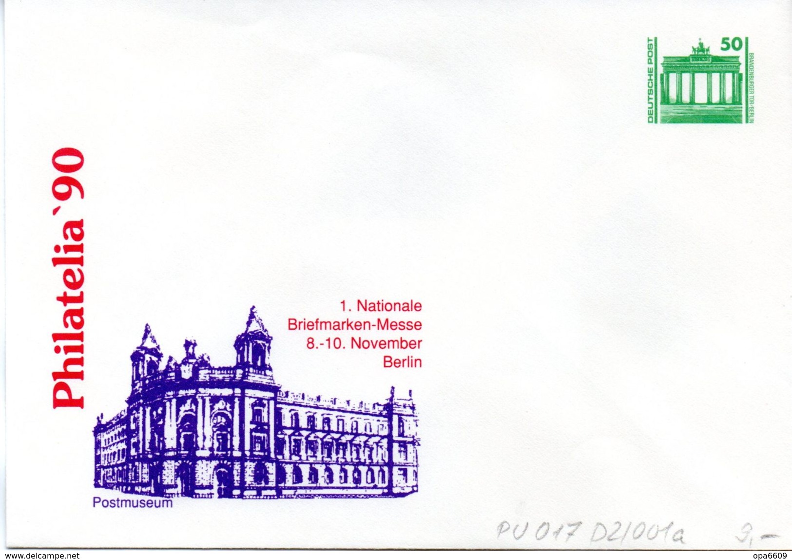 DDR Privatganzs.-Umschlag  PU 017 D2/001-a Wz 50(Pf) "PHILATELIA ´90 - Postmuseum", Ungebraucht - Privé Briefomslagen - Ongebruikt
