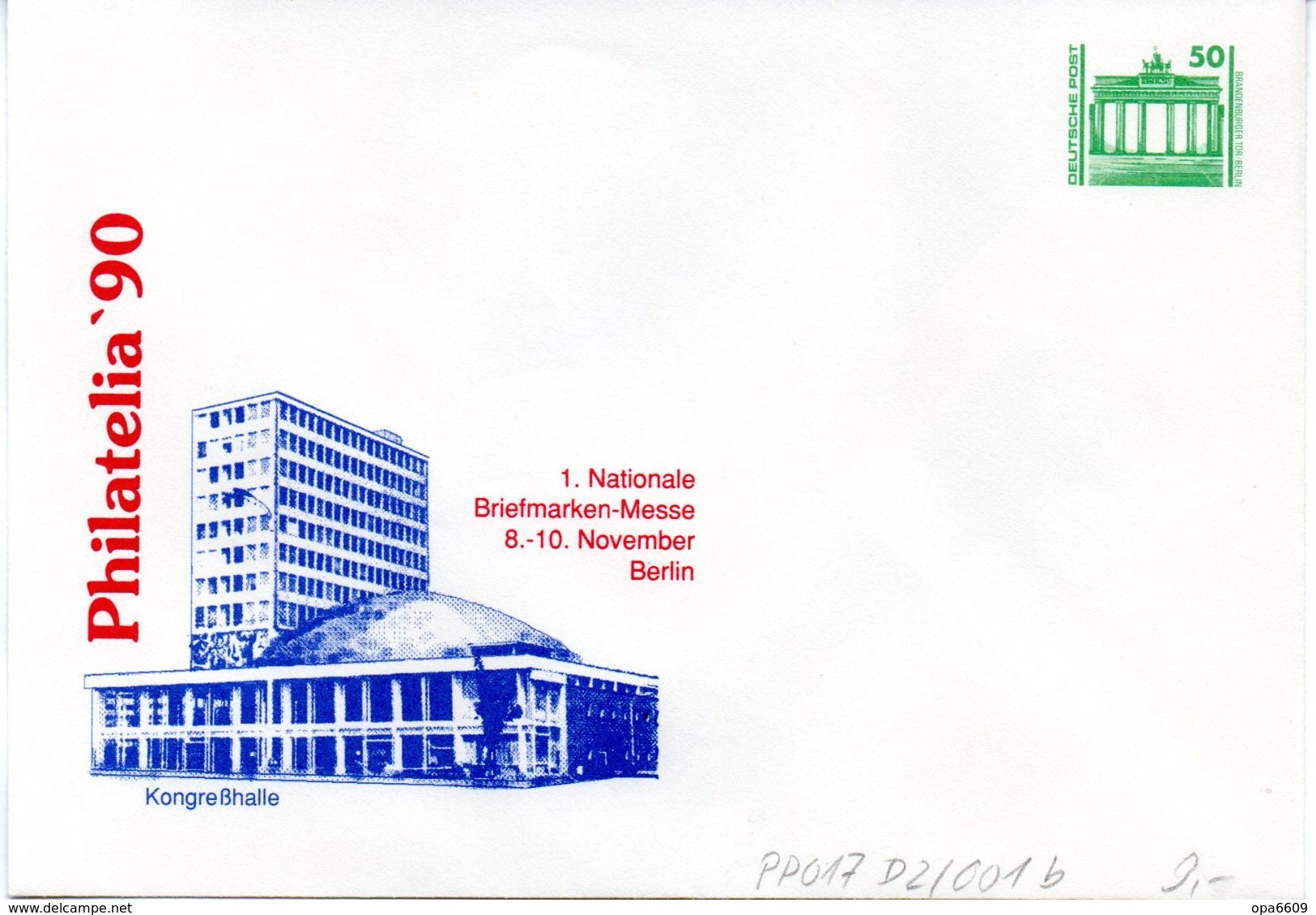 DDR Privatganzs.-Umschlag  PU 017 D2/001-b Wz 50(Pf) "PHILATELIA ´90 - Kongreßhalle", Ungebraucht - Sobres Privados - Nuevos