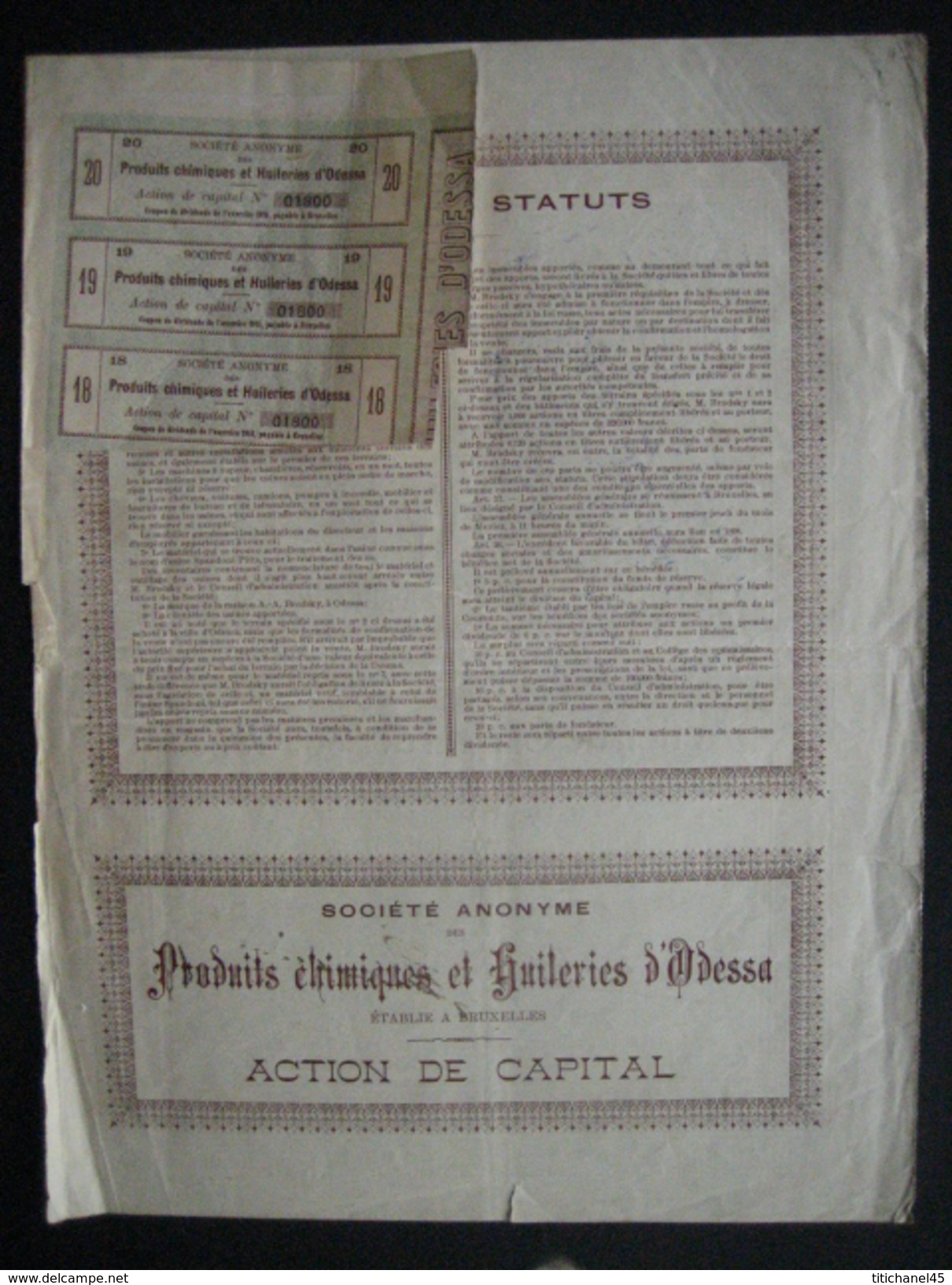 Action 1896 BRUXELLES - SOCIETE ANONYME DES PRODUITS CHIMIQUES ET HUILERIES D'ODESSA - Industrie