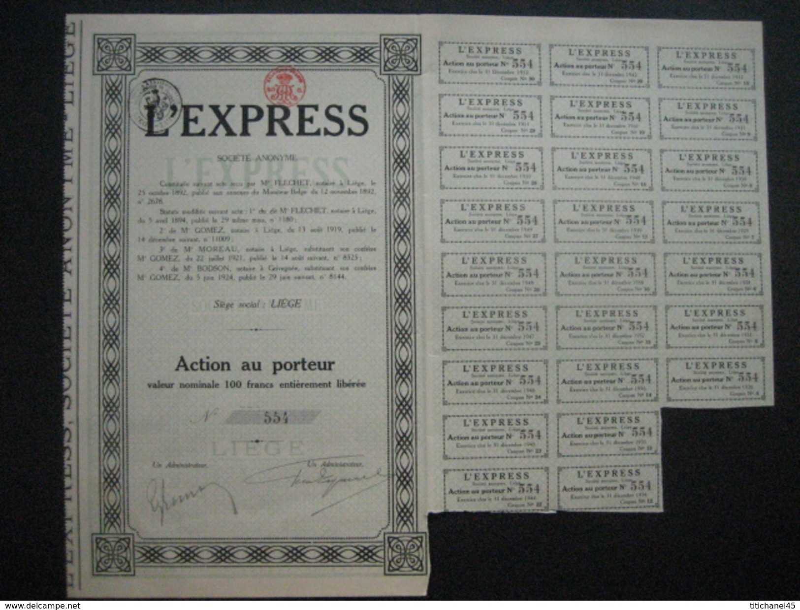 LIEGE 1924 - L'EXPRESS - Publication D'un Journal Dans La Province De Liège - Action Au Porteur De 100 Francs - Autres & Non Classés