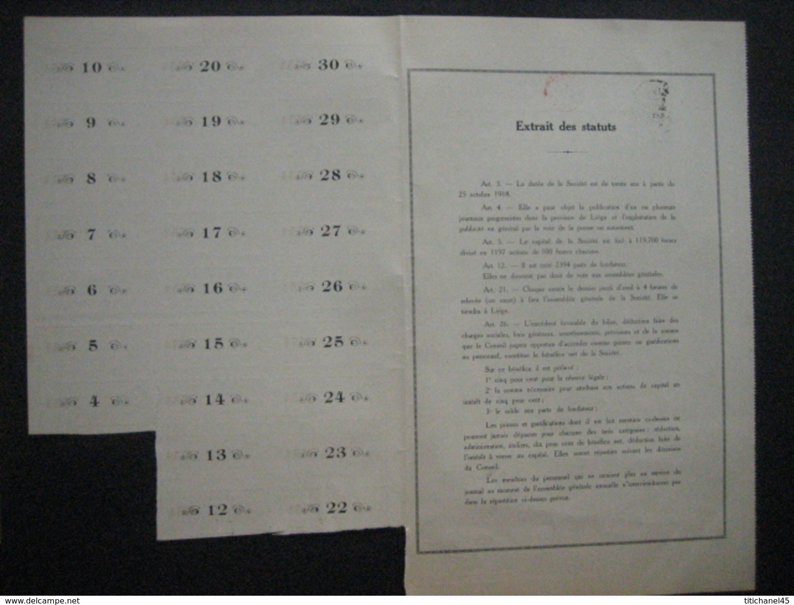 LIEGE 1924 - L'EXPRESS - Publication D'un Journal Dans La Province De Liège - Action Au Porteur De 100 Francs - Autres & Non Classés