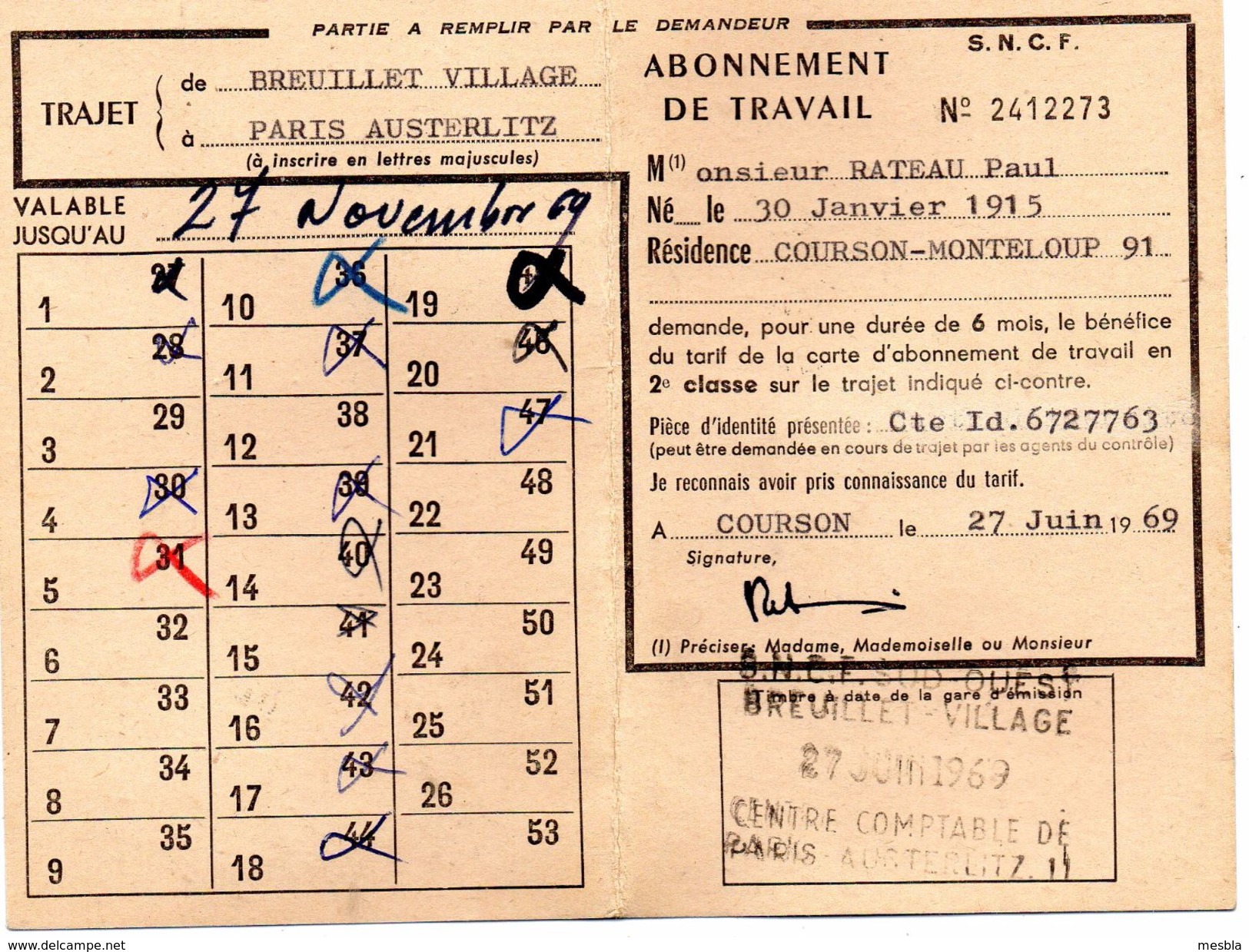 CARTE  S.N.C.F -  ABONNEMENT  DE  TRAVAIL - Trajet De Breuillet Village à Paris Austerlitz -  SNCF - Sud Ouest. - Europe