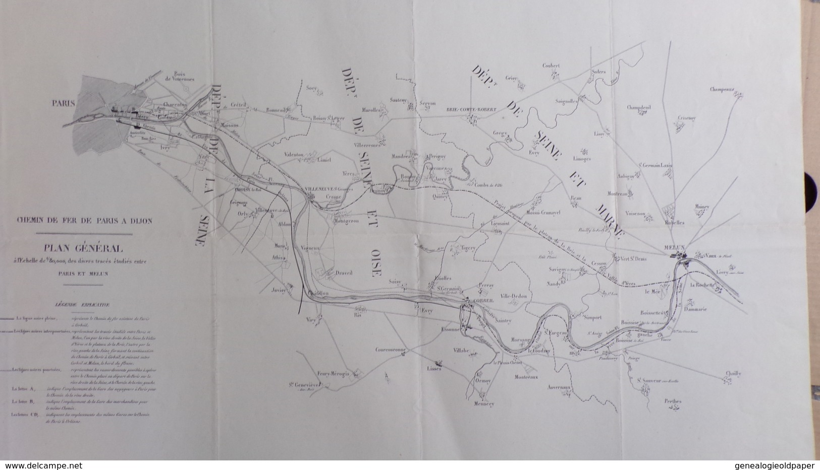 RARE CARTE XIXE CHEMIN DE FER PARIS A DIJON MELUN- CORBEIL-VILLENEUVE ST GEORGES- CHOISY LE ROI-ALFORT-CHATILLON-EVRY- - Andere & Zonder Classificatie