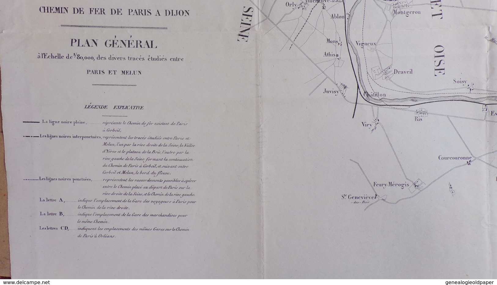 RARE CARTE XIXE CHEMIN DE FER PARIS A DIJON MELUN- CORBEIL-VILLENEUVE ST GEORGES- CHOISY LE ROI-ALFORT-CHATILLON-EVRY- - Other & Unclassified