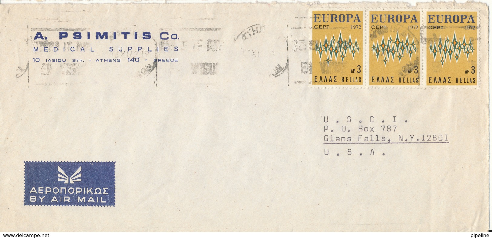 Greece Air Mail  Cover Sent To USA With 3 EUROPA CEPT 1972 Stamps - Covers & Documents