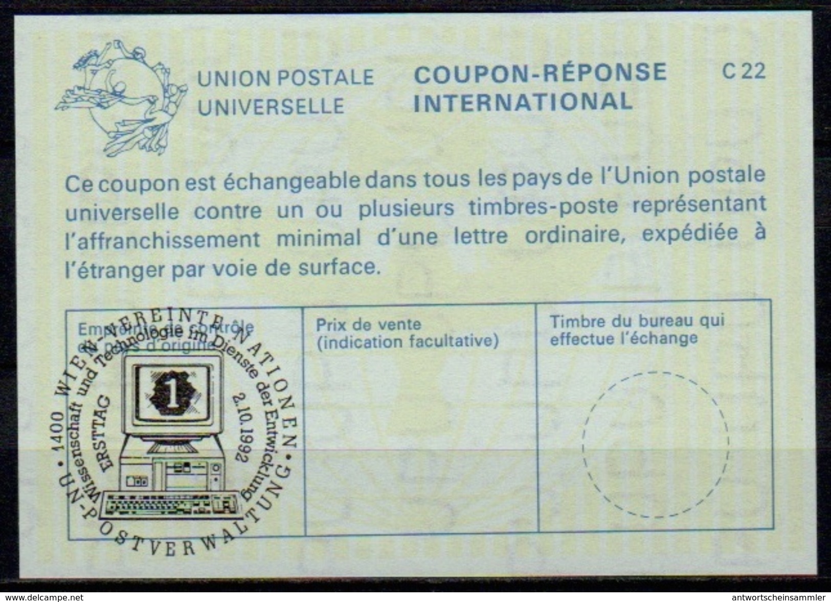 UNITED NATIONS VIENNA  Wissenschaft Und Technologie FDC 02.10.92 On Int. Reply Coupon Reponse IRC IAS Antwortschein La25 - Sonstige & Ohne Zuordnung