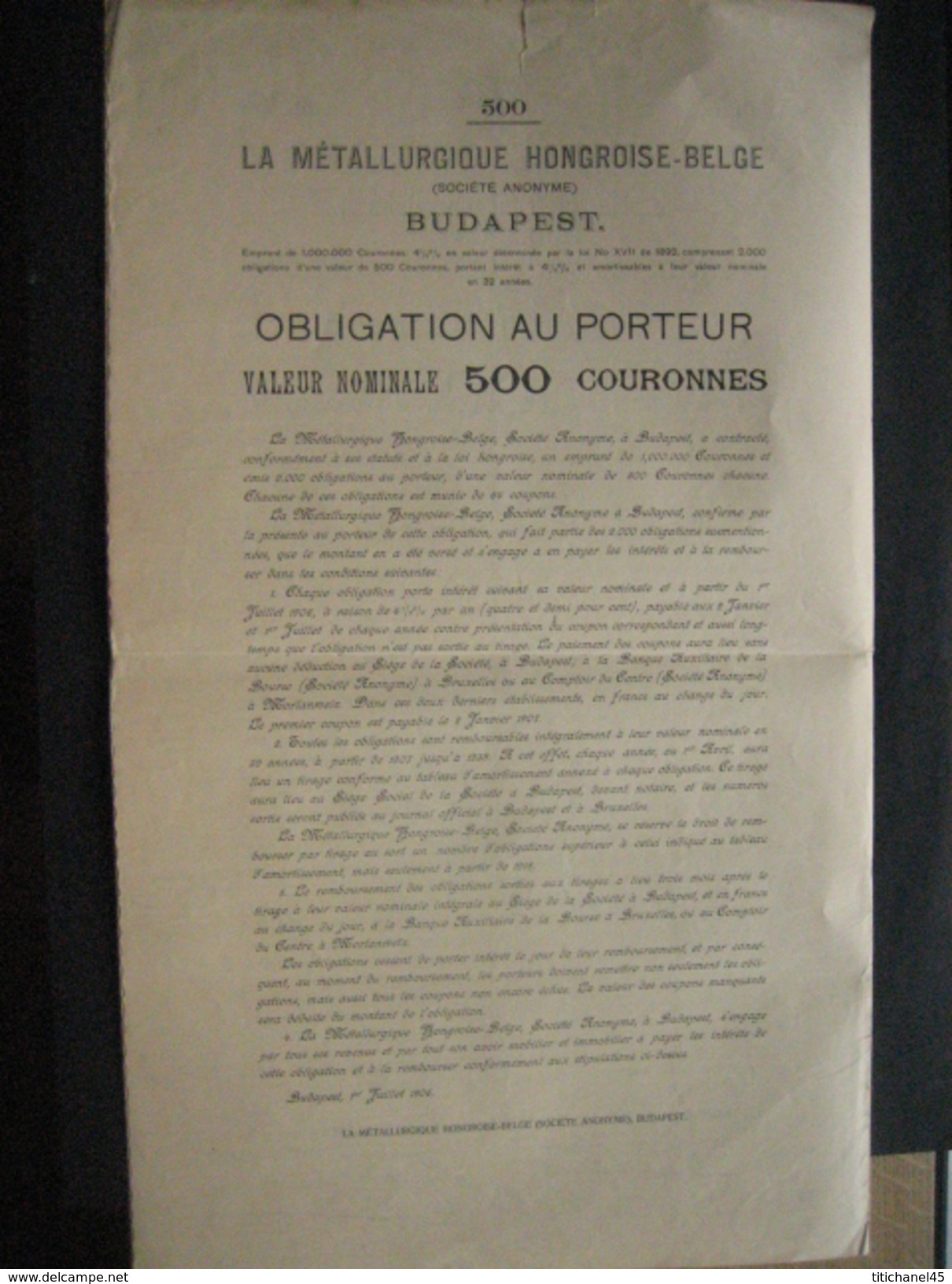 Obligation 1906 BUDAPEST - LA METALLURGIQUE HONGROISE-BELGE - Industrie