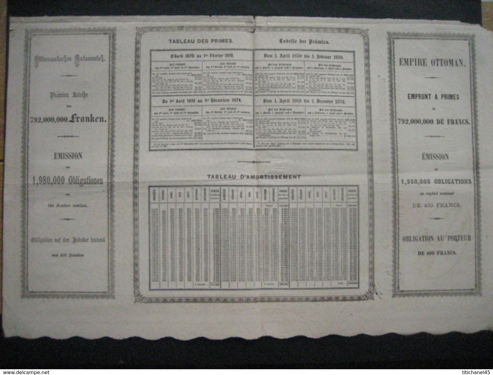 CONSTANTINOPLE 1870 - EMPIRE OTTOMAN - OBLIGATION AU PORTEUR DE 400 FRANCS - Andere & Zonder Classificatie