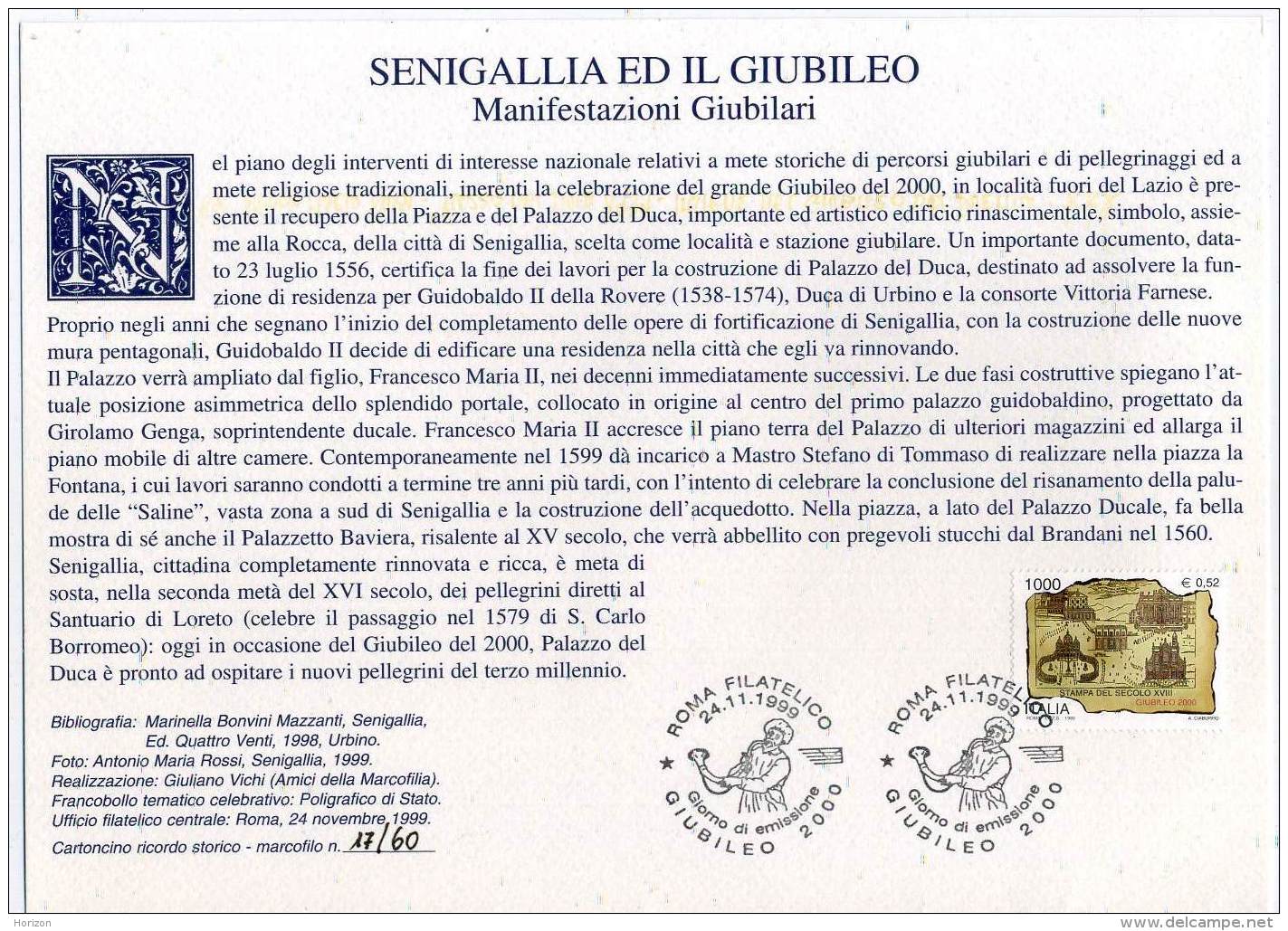 St39. Marcofilia - Senigallia Ed Il Giubileo - Cartoncino Ricordo Storico-marcofilo In Occasione Del Giubileo Del 2000 - Folder