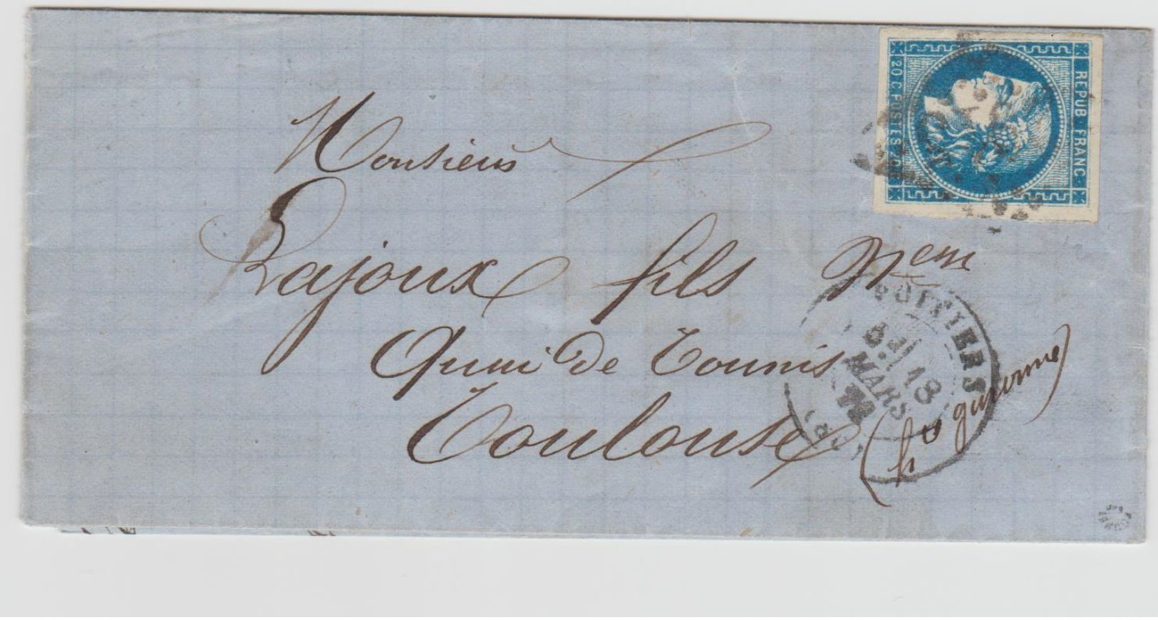 Timbre N° 46IIb Oblitéré Sur Lettre, Nuance Bleu Foncé, Signé Roumet - 1870 Emisión De Bordeaux