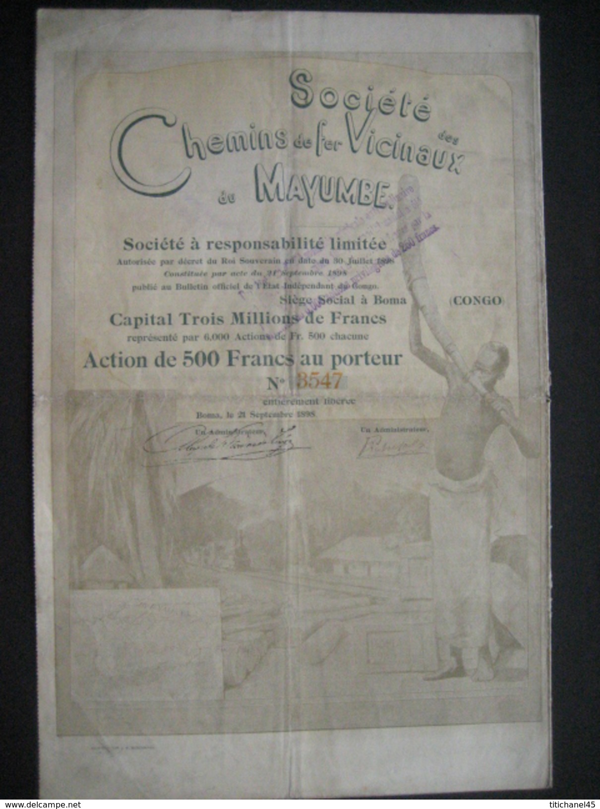 BOMA 1898 - SOCIETE DES CHEMINS DE FER VICINAUX DU MAYUMBE - Action De 500 Francs - Belle Décoration - Africa