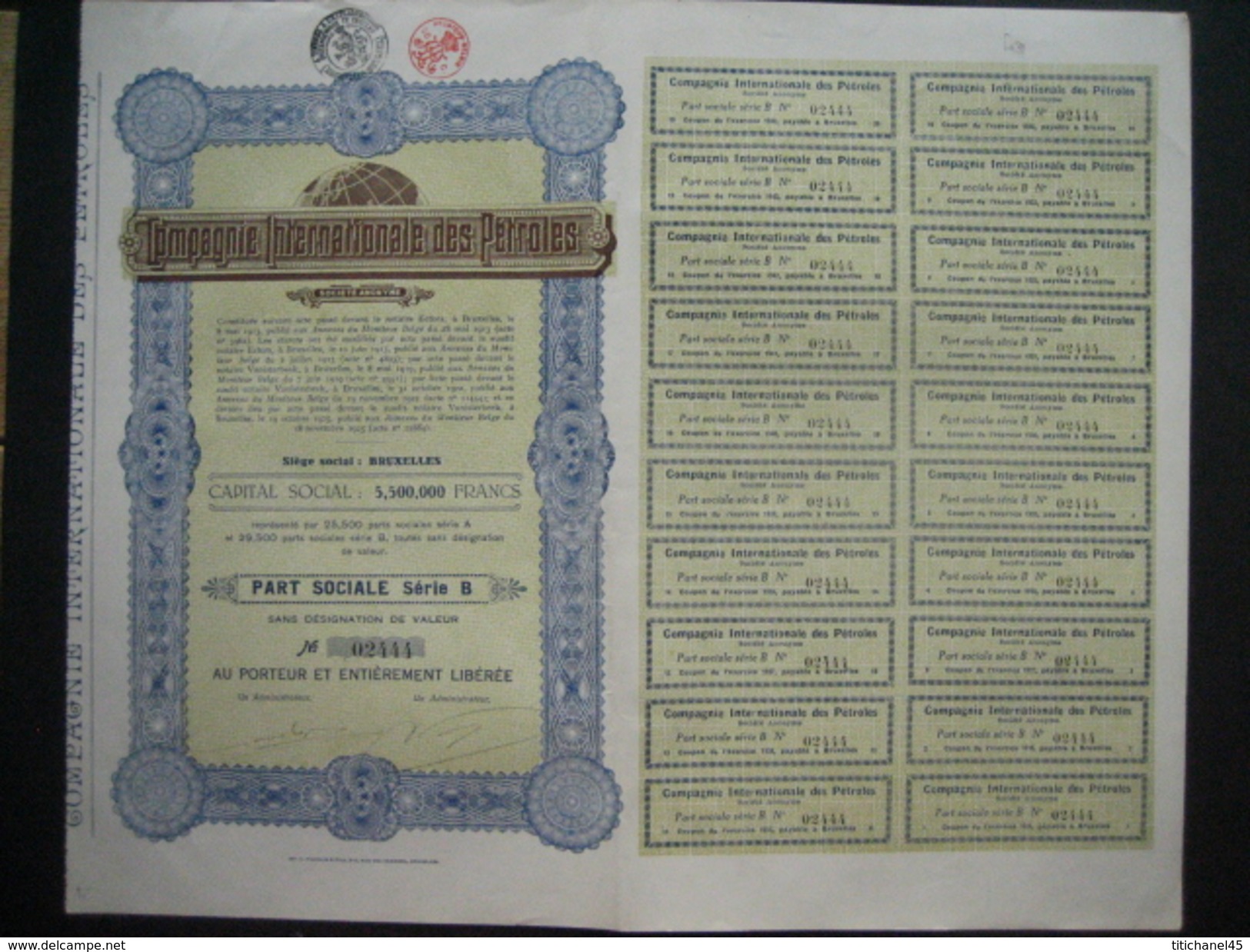 Lot De 5 Parts Sociales De La COMPAGNIE INTERNATIONALE DES PETROLES - BRUXELLES 1925 - Aardolie