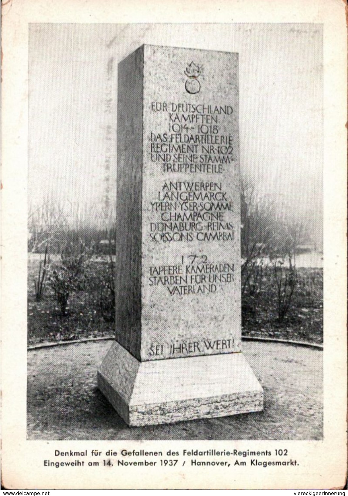 ! Alte Ansichtskarte Kriegerdenkmal Feldartillerie Regiment 102, Hannover, 1. Weltkrieg Langemarck, Ypern, Somme,Cambrai - Hannover
