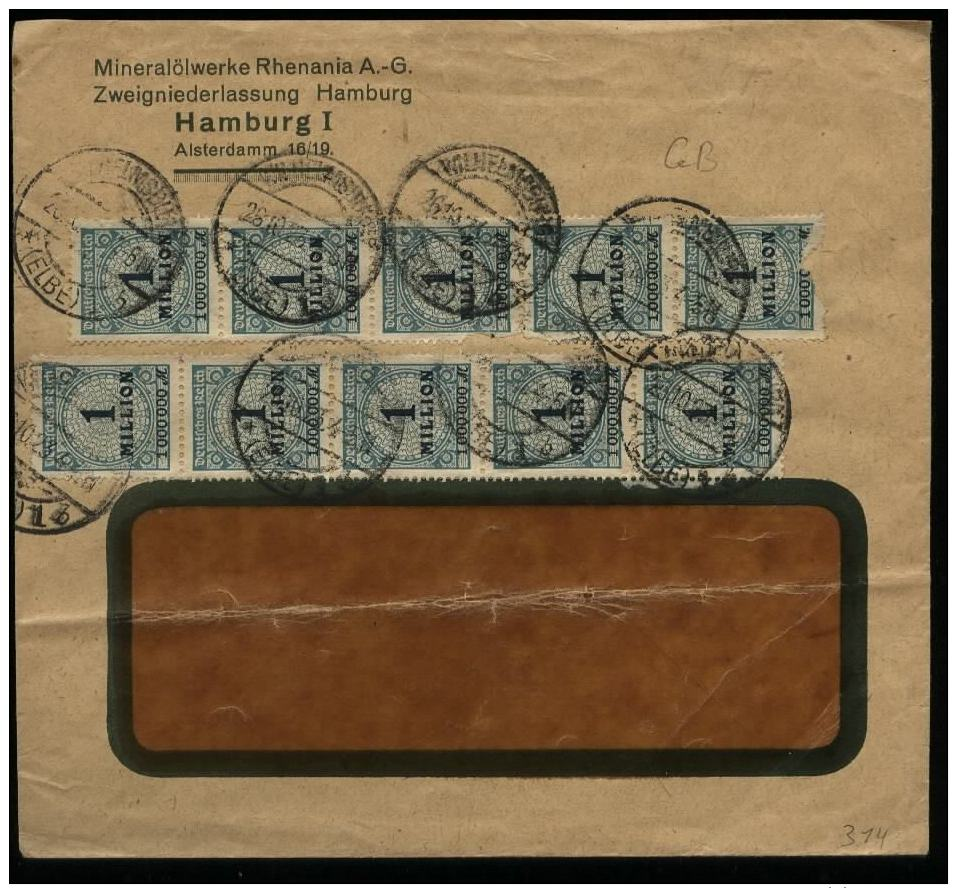 S5761 DR Infla MeF Auf Firmen Briefumschlag Mineralöl:gebraucht Hamburg - Rheinau 1923, Bedarfserhaltung , Mit Mängel - Briefe U. Dokumente