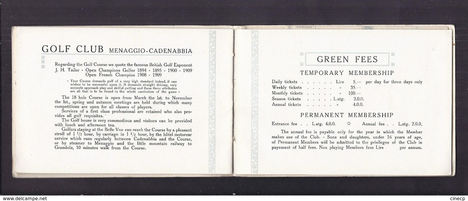 CARNET PUBLICITE ITALIE - HOTEL BELLEVUE CADENABBIA LAC DE COMO - GOLF BATEAU ART NOUVEAU