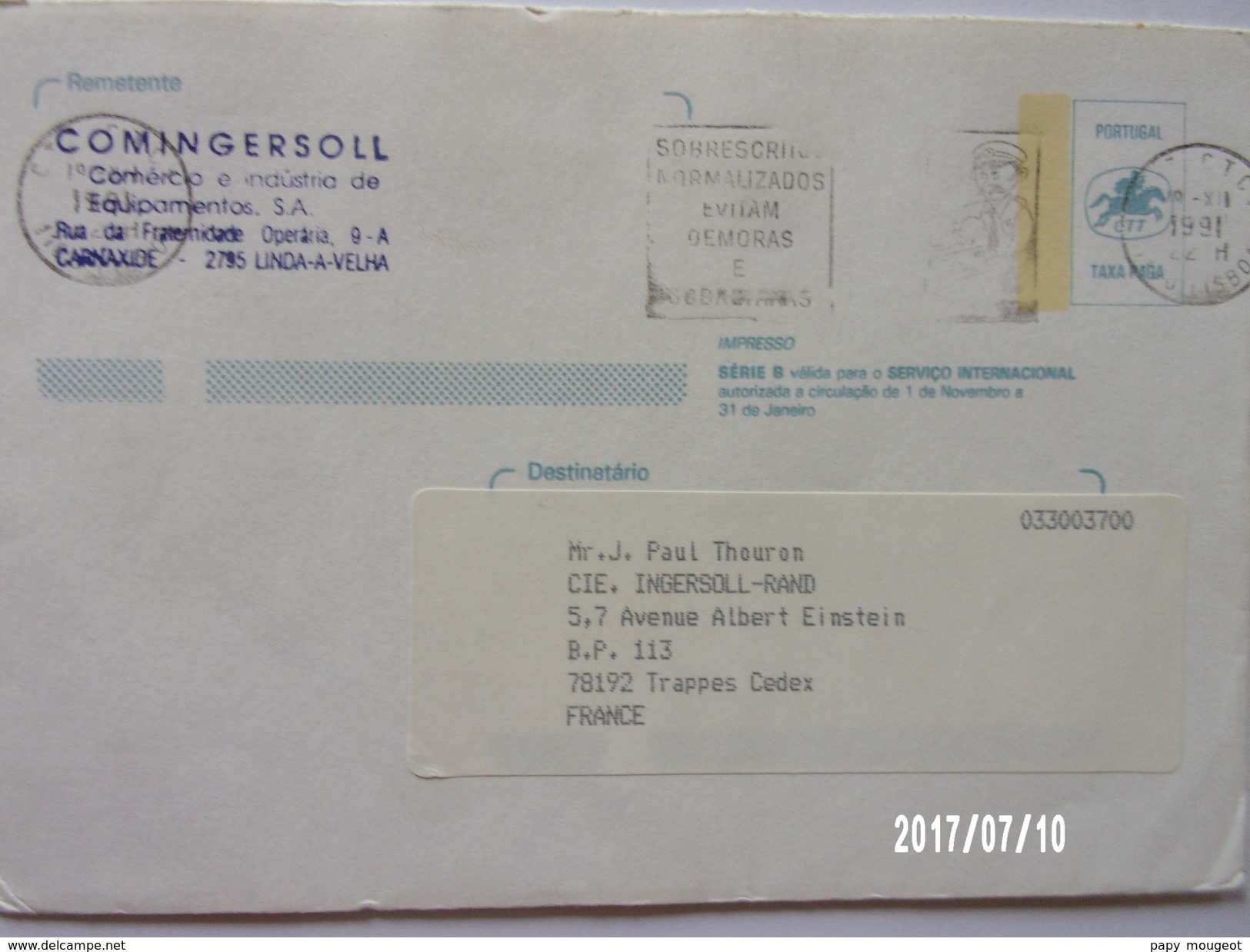 Taxa Paga Portugal CCT 1991 - Lettres & Documents