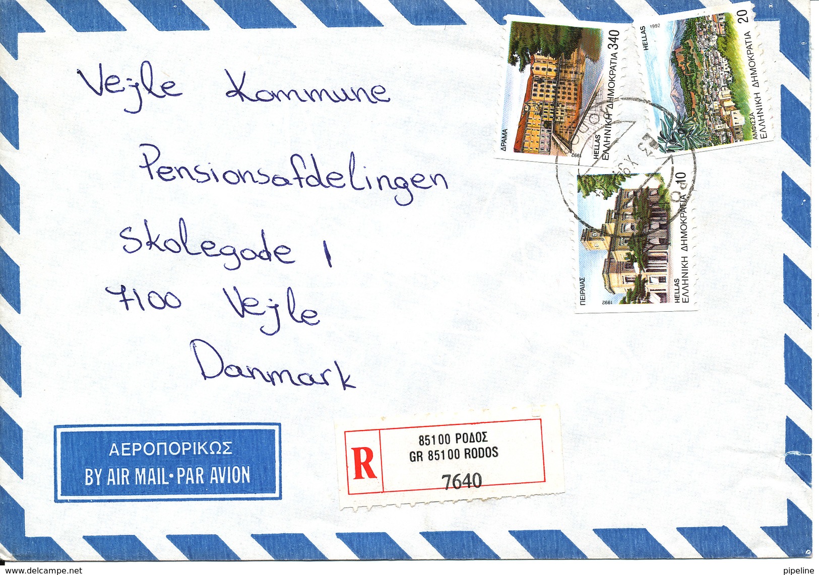 Greece Registered Air Mail Cover Sent To Denmark 3-10-1994 - Covers & Documents