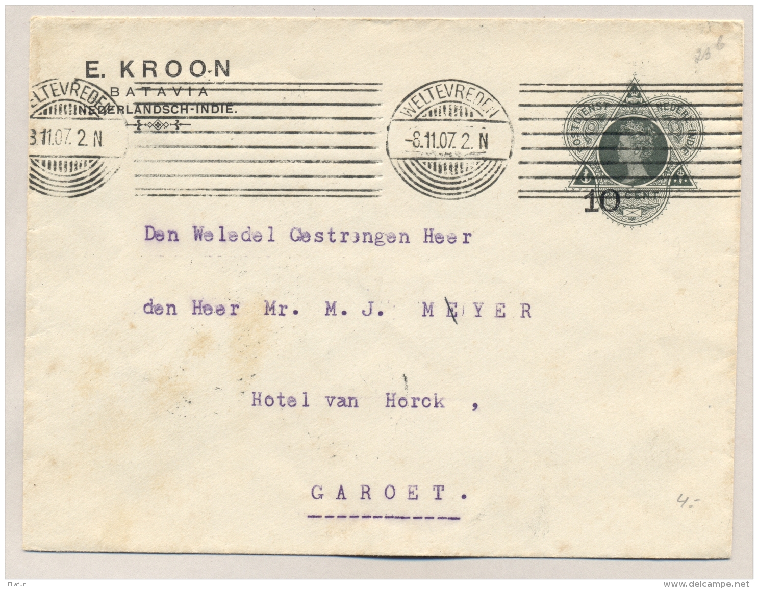 Nederlands Indië - 1907 - Proef Machinestempel Weltevreden Type I Op Cover Naar Garoet - Nederlands-Indië