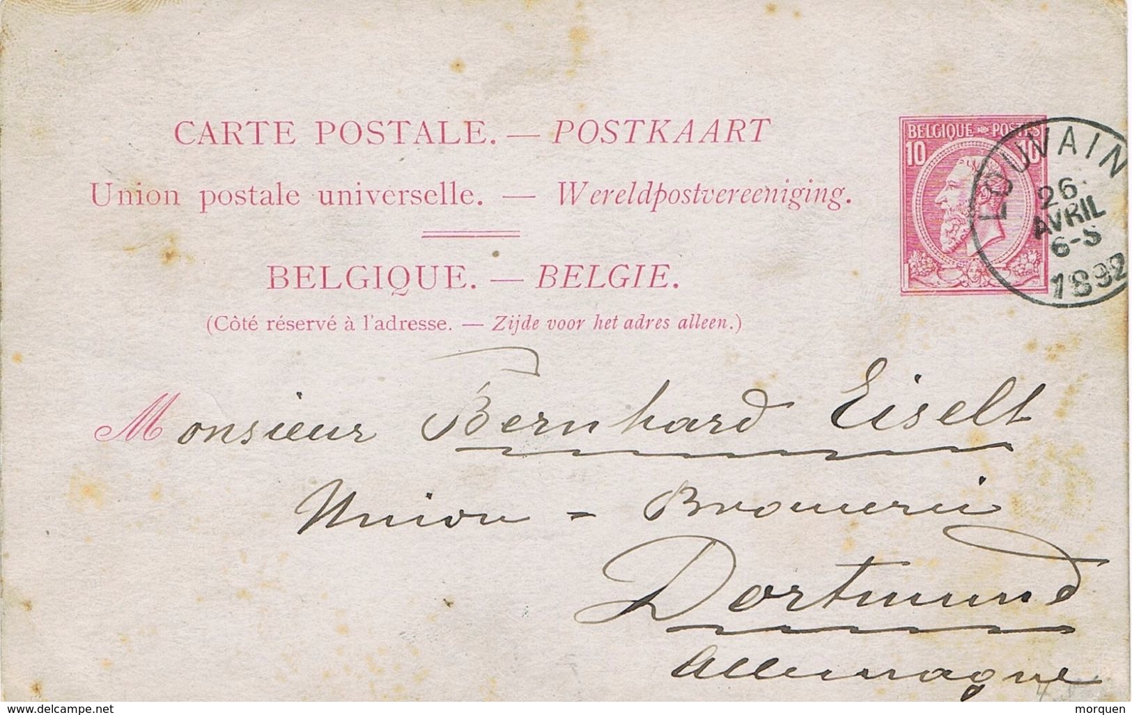 24891. Entero Postal LOUVAIN (Belgien) 1892 A Dortmund (alemania) - Cupón-respuesta Internacionales