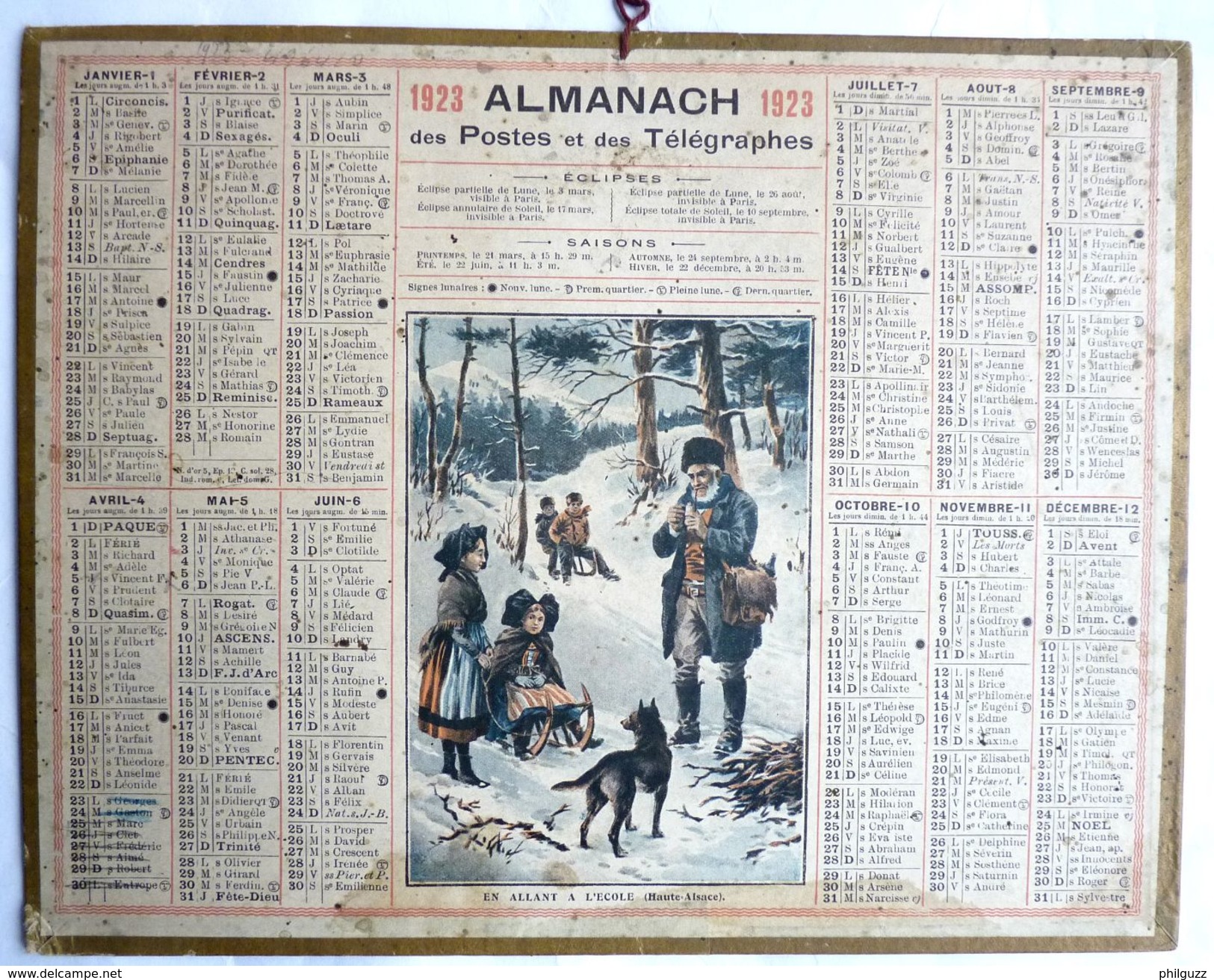 CALENDRIER De L'AISNE 02 -  ALMANACH DES POSTES 1923 - EN ALLANT A L'ECOLE HAUTE - ALSACE - Grand Format : 1921-40