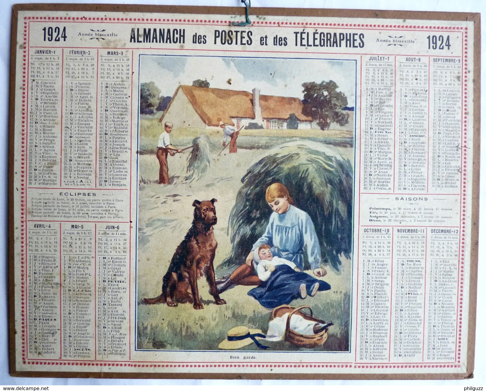 CALENDRIER De L'AISNE 02 -  ALMANACH DES POSTES 1924 - BIEN GARDE - JL BEUZON - Grand Format : 1921-40