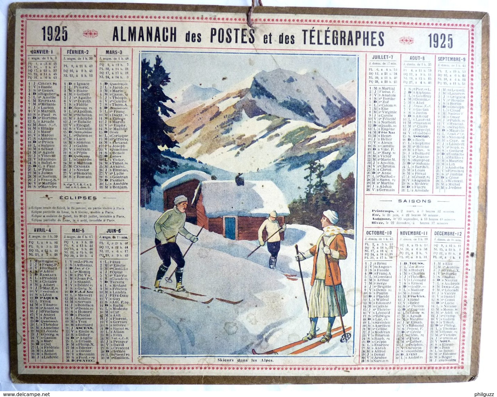 CALENDRIER De L'AISNE 02 -  ALMANACH DES POSTES 1925 - SKIEURS DANS LES ALPES - Grand Format : 1921-40