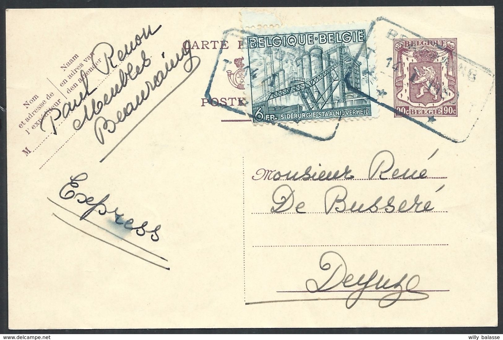 Ep 90c + N°772 En Exprès Rectang Bleu BEAURAING/1951 Pour Deynze - 1948 Export