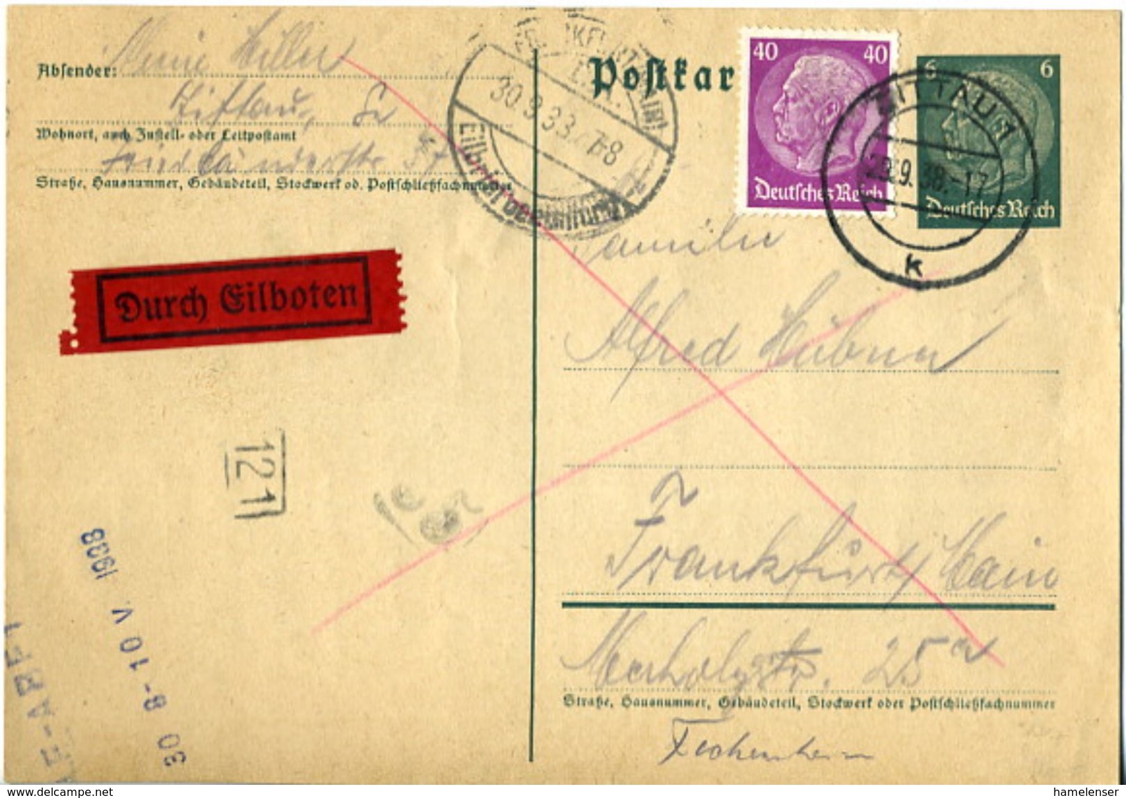 38288 - Germany / Third Reich - 1938 - Uprated 6Pfg. Hindenburg Postal Card By Express Mail From ZITTAU To FRANKFURT - Briefe U. Dokumente