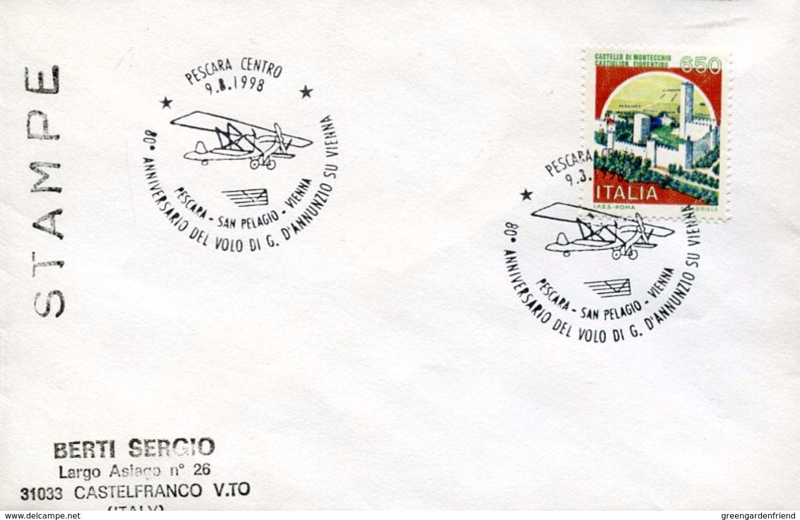 23487 Italia, Special Postmark Pescara 1998 80th Anniversary Flight Of Gabriele D'annunzio Over Vienna, Circuled Cover - Vliegtuigen