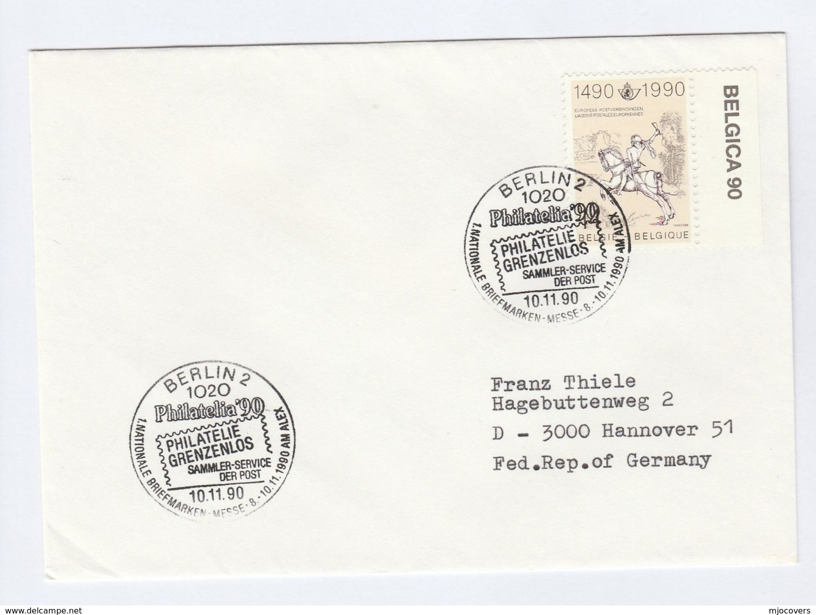 BELGIUM COVER 'BELGICA 90' Selvedge Stamps SPECIAL Pmk BERLIN Germany PHILATELIA Stamps Exhibition Horse - Covers & Documents