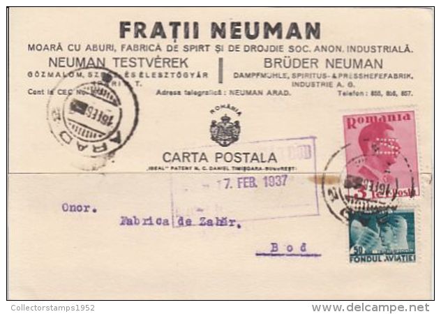 62762- AVIATION, KING CHARLES 2ND STAMPS ON POSTCARD, PERFINS, 1937, ROMANIA - Storia Postale