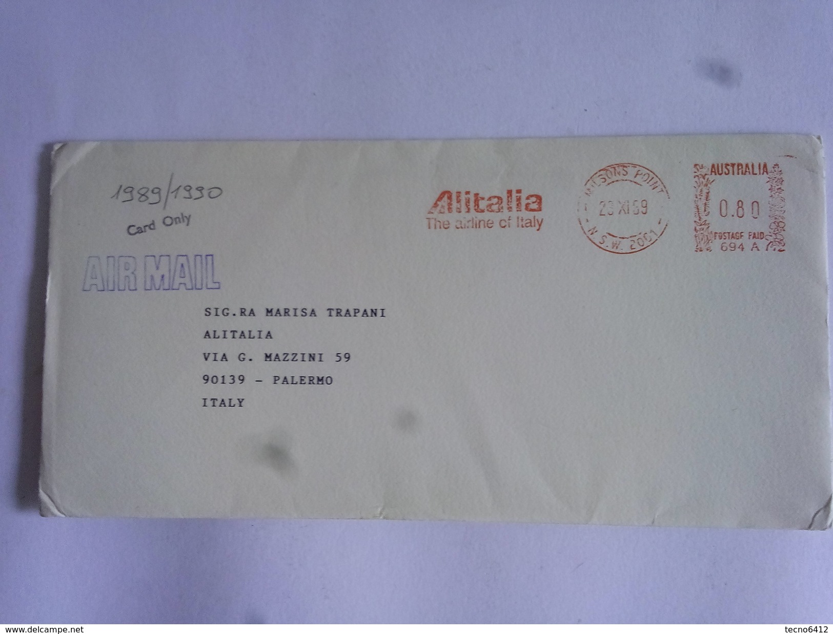 Busta Air Mail Con Affrancatura Meccanica Rossa Alitalia - Macchine Per Obliterare (EMA)