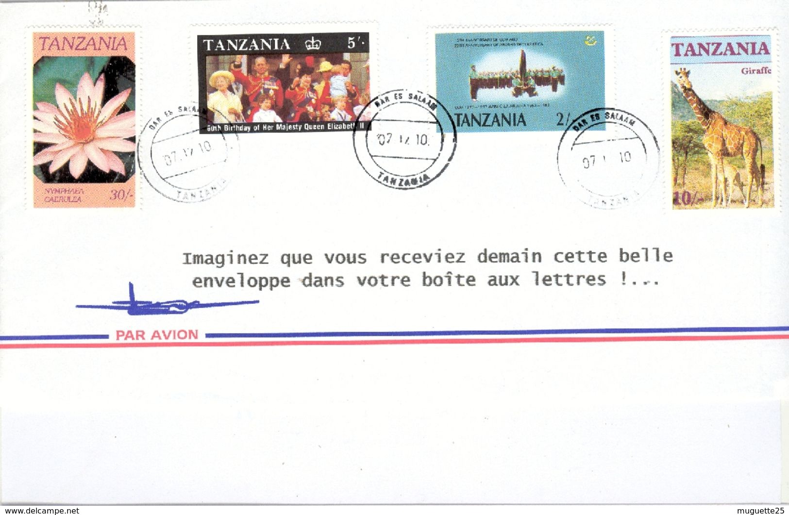 Lettre De Tanzanie  Oblitération Du 7 Décembre 2010 Timbres : Girafe Cactus Fanfare Famille Royale Anglaise - Tansania (1964-...)