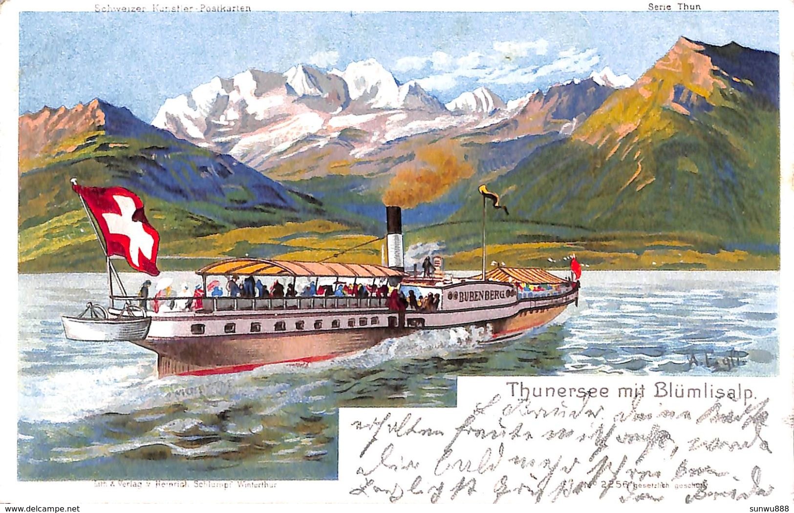 Thunersee Mit Blümlisalp (Lith & Verlag Heinrich Schlumpf, Bubenberg, 1904, Très Belle Carte) - Autres & Non Classés