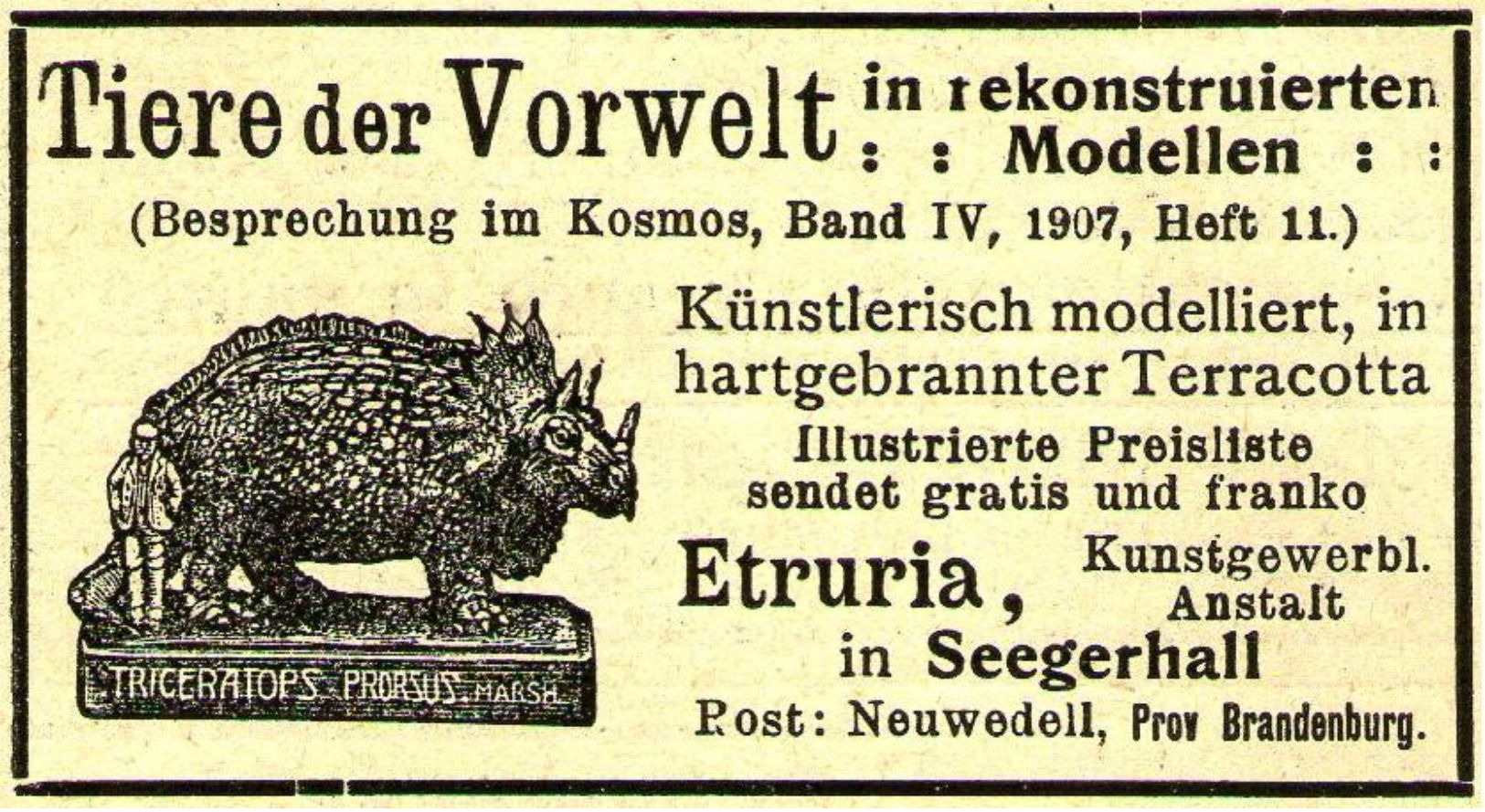 Original-Werbung/ Anzeige 1908 - ETRURIA TRICERATOPS PRORSUS / SEEGERHALL/ NEUWEDELL - Ca. 65 X 35 Mm - Werbung