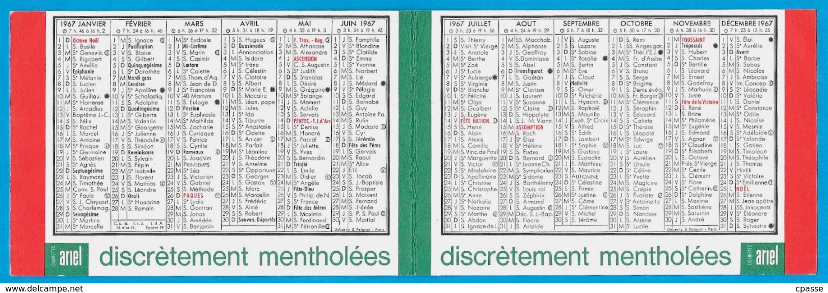 Calendrier Petit Format ARIEL Discrètement Mentholée 1967 * Tabac - Petit Format : 1961-70