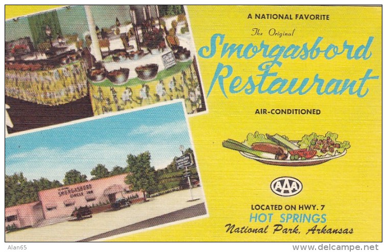 Smorgasbord Restaurant Hot Springs National Park Arkansas, C1940s Vintage Linen Postcard - Hot Springs
