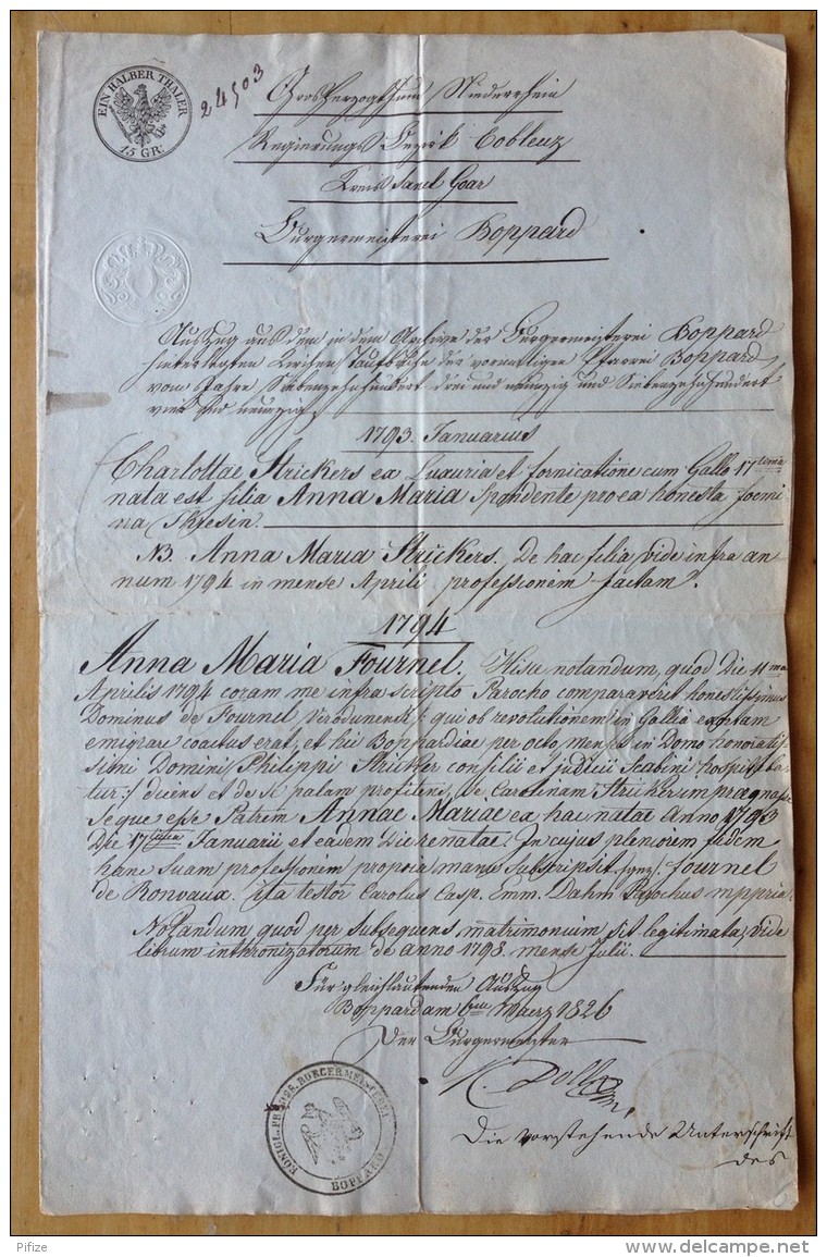 Extrait D'acte De Naissance (1793). Fille De Jean Pierre Joseph Fournel De Ronvaux, émigré. Boppard, 1826 - Documents