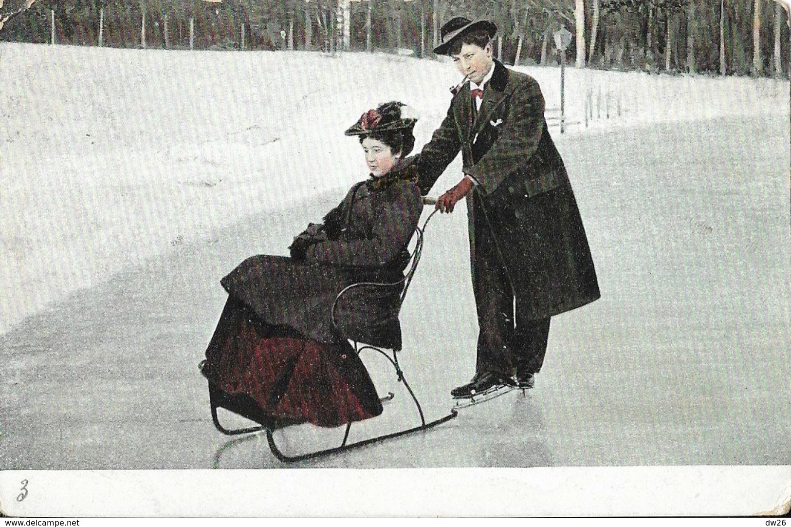 Patinage - Couple Sur Patins - Monsieur Pousse Madame Sur Un Fauteuil - Carte N° 3 Dos Simple Non Circulée - Winter Sports