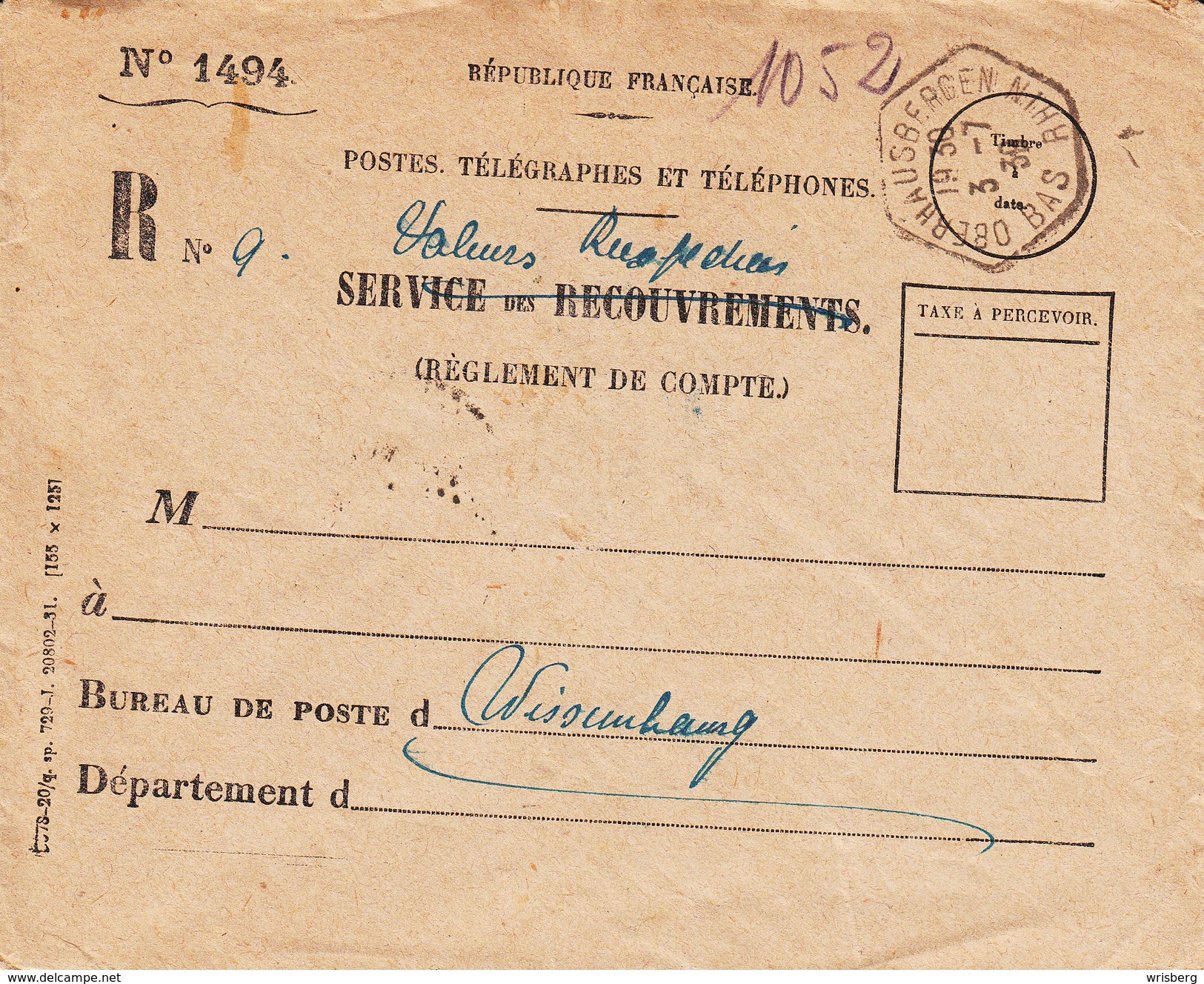 Env De Service "Valeurs Reexpédiées" Avec TàD OBERHAUSBERGEN Du 3.7.39 Adressée à Wissembourg - Lettres & Documents