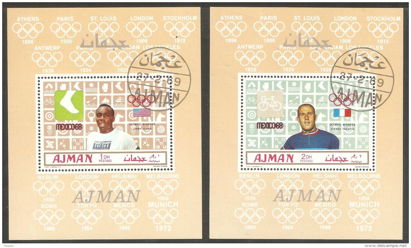 Ajman 1969 Mi# 448-453 Blocks Used - 6 Souvenir Sheets - Summer Olympics, Mexico / Gold Medallists - Summer 1968: Mexico City