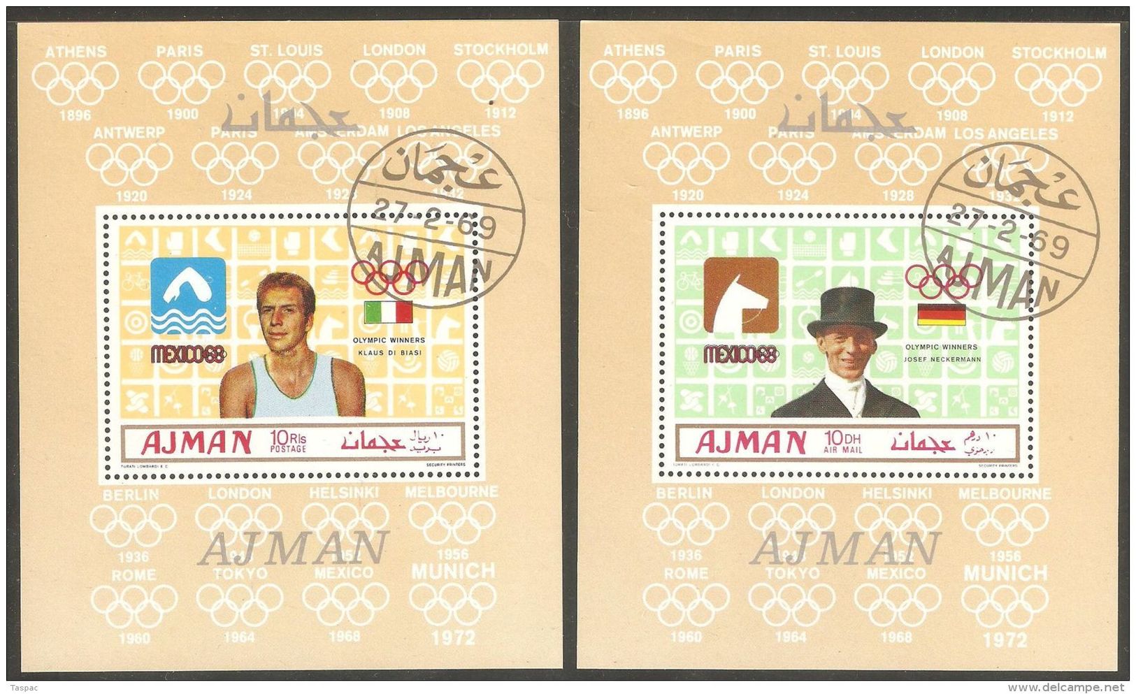 Ajman 1969 Mi# 448-453 Blocks Used - 6 Souvenir Sheets - Summer Olympics, Mexico / Gold Medallists - Summer 1968: Mexico City