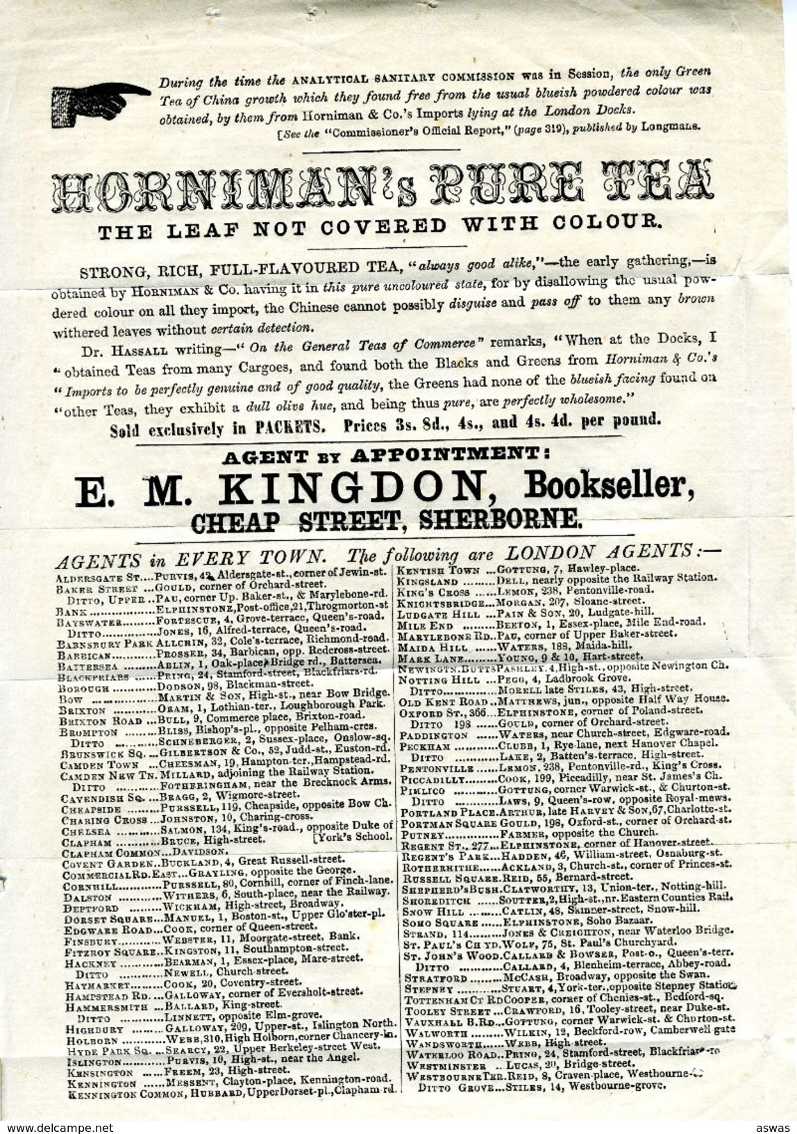 HORNIMANS PURE TEA / E.M.KINGDON, BOOKSELLER, SHERBORNE, DORSET - Advertising