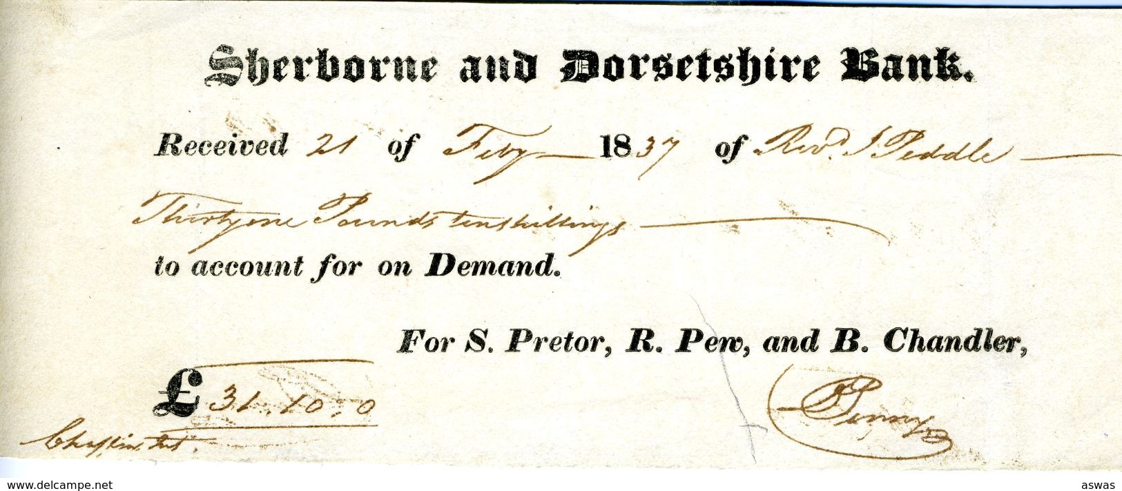 DORSET INTEREST: 1837 SHERBORNE & DORSETSHIRE BANK CHEQUE, £31 AND 10 SHILLINGS, FROM REVEREND PEDDLE - Cheques & Traveler's Cheques