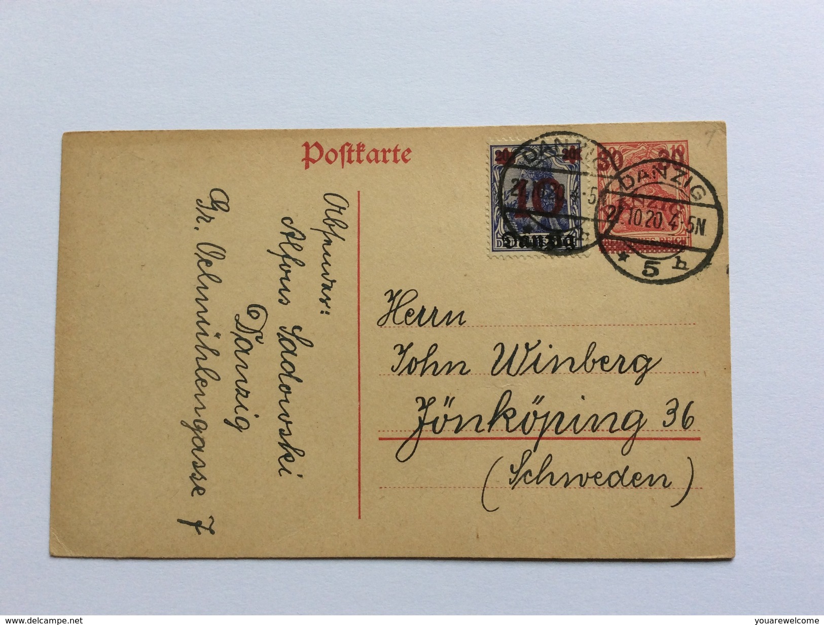 Danzig Ganzsache 1920 Postkarte Michel P7 + Mi. 17 Gestempelt > Schweden (Poland Polen Brief Cover Sweden - Postwaardestukken